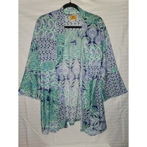 Ruby Rd Womens Long Open Front Bali Blue Patchwork Cover Up, 3/4 Sleeve Size Med